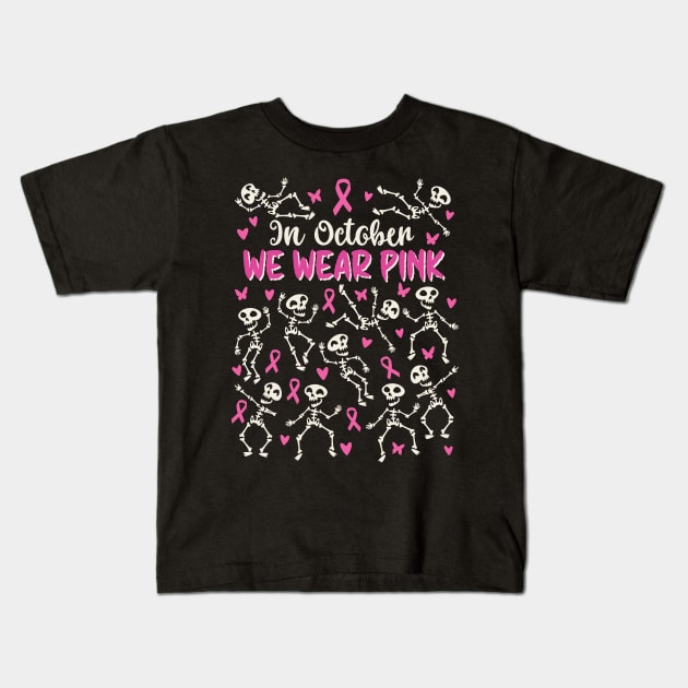 Breast Cancer Awareness Halloween Skeletons Dancing Kids T-Shirt by Graphic Duster